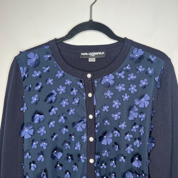 Karl Lagerfeld Navy Blue Floral Applique Cardigan Size Small - Picture 5 of 7